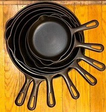 Griswold Cast Iron Skillet Set 3-10 Small Logo Matching Handles Restored Flat