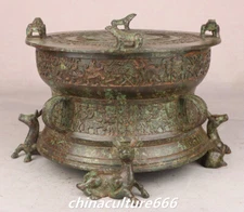 11.4" Old Dynasty Bronze Ware Beast Pattern Sika Spotted Deer Toad Drum Statue