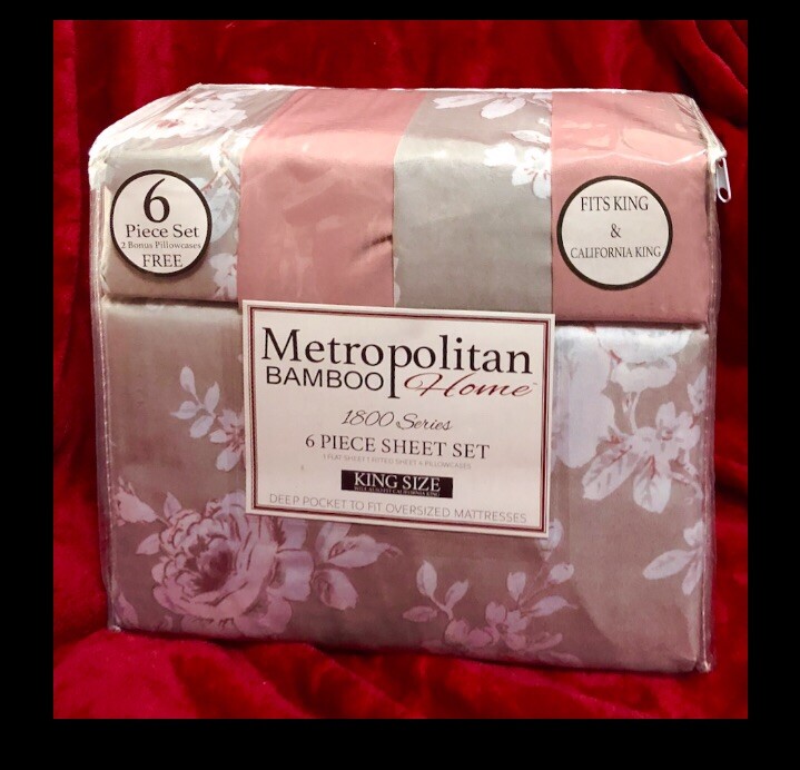 METROPOLITAN BAMBOO 1800 SERIES 6pc SHEET SET KING SIZE, 2 free
