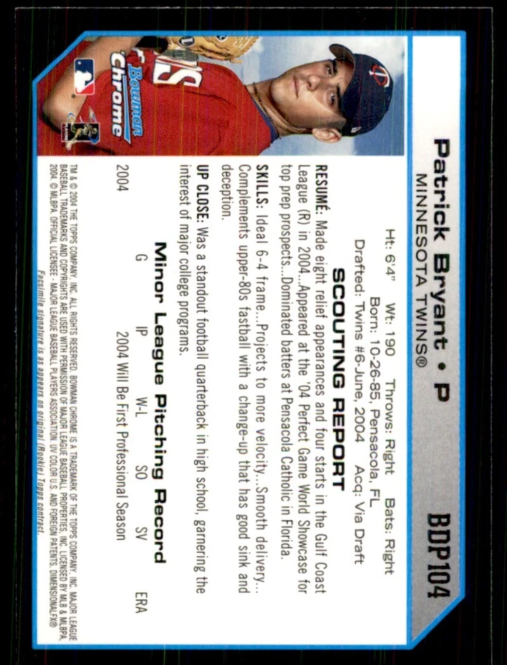 2004 Bowman Chrome Pat Bryant Baseball Cards #BDP104 - Image 2 of 2