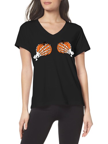 Womens Halloween Graphic Pumpkin Bikini Print V-Neck Layering Short Sleeve Shirt