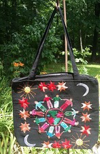 Maya Mexican Hand Embroidered Zipper Tote Bag Chiapas Rainbow Floral Sun Moon