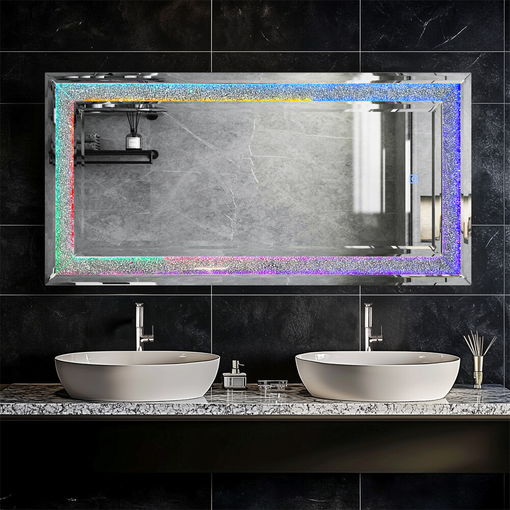 Large Crystal Diamond wall Mirror w/ RGB LED Lights Smart Touch