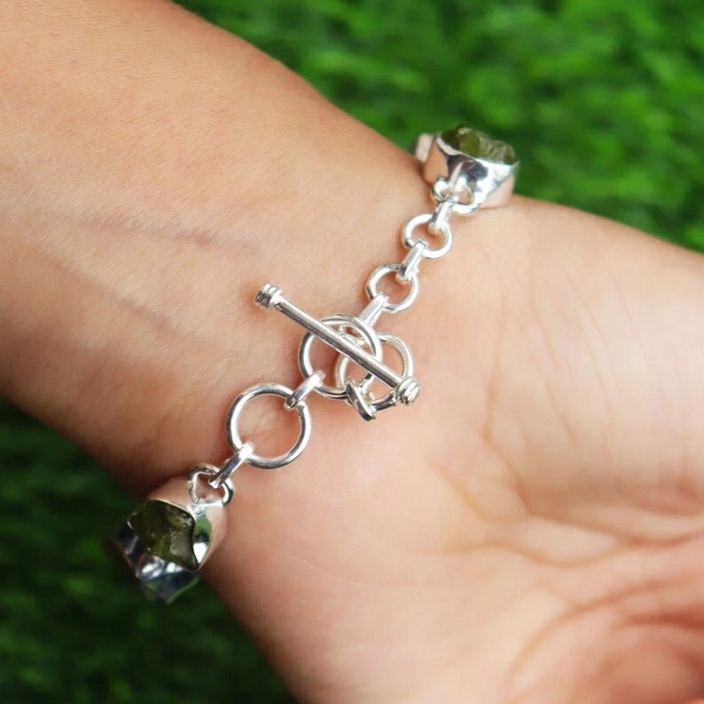 Pulsera Moldavita Natural, Plata de Ley 925, Pulsera Ajustable Hecha a Mano Foto 4 de 4