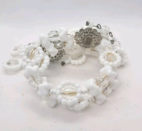 Unique Sig Miriam Haskell Wired Bracelet Cascading Cluster Milk & Clear Glass - Picture 4 of 8