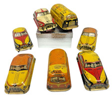 Lupor Tin Cars Lot of 7 1950s FBI Bus Fire Chief Safety Patrol Gasoline All Work