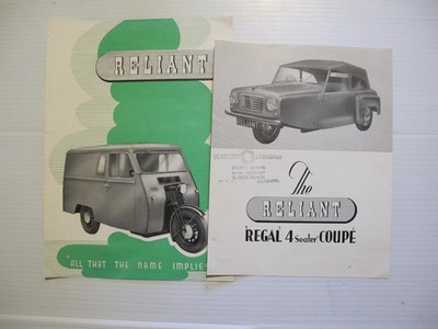 ORIGINAL 1950's? BROCHURES: THE RELIANT REGAL COUPE / RELIANT REGENT. 3 WHEELER