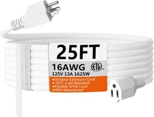 25 FT 16 Gauge White Indoor Outdoor Extension Cord Waterproof, Flexible Cold Wea