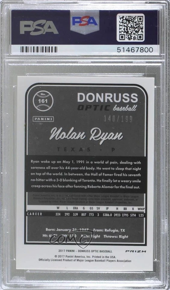 2017 Panini Donruss Optic Orange Prizm /199 Nolan Ryan #161 PSA 10 GEM MT HOF - Image 2 of 2