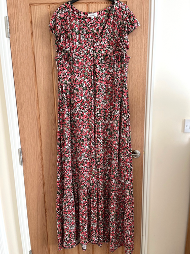 Monsoon Black White with Red, Pink Floral Print Jersey Long Dress, Size L, 16-18 - Picture 2 of 7