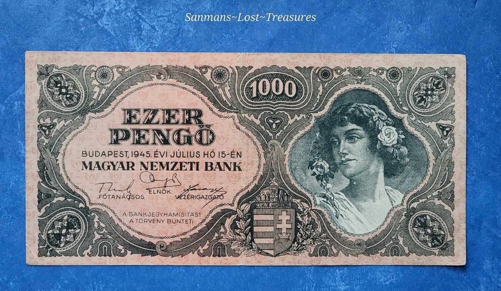 HUNGARY 1945 1000 EZER PENGO CRISP BANKNOTE ABOUT UNCIRCULATED. 