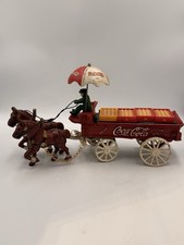 Vintage Cast Iron Coca Cola Wagon w/ Bottles, Driver, Umbrella, 2 Clydesdales
