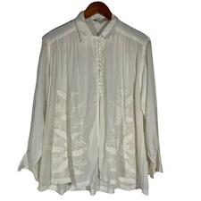 VTG Oversized White Embroidered Blouse Button Rayon Cotton Women’s Medium Boho