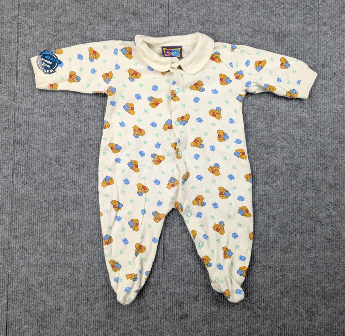 Vintage Winnie The Pooh One Piece Baby 6M Sleepwear Cotton AOP Retro Romper 90s