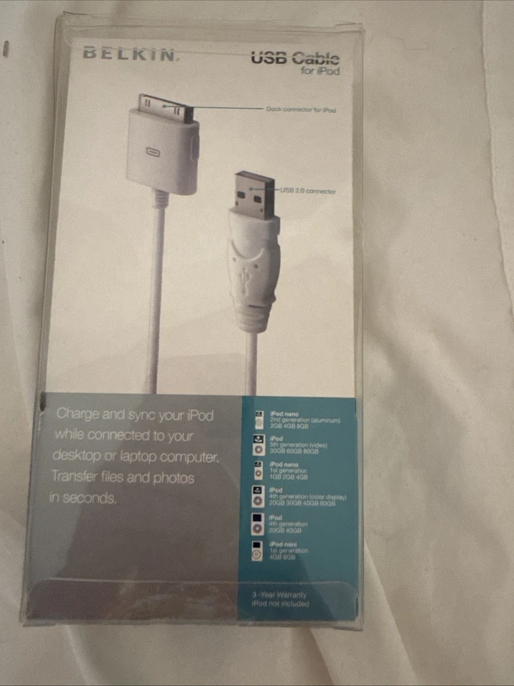 Belkin Charge Sync Cable For Old Type iPhone iPod USB 2.0 3G 4G Touch Nano + - Image 4 of 4