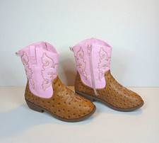 Pawz Western Cowboy Ankle Boots Zip Embroidered Heart Brown/Pink Girls' 4