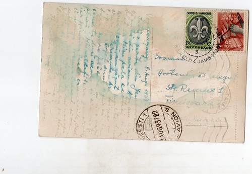 Rare 1937 Scout Jamboree Postcard – Aerial View Holland KLM Boy Scout Stamps - Imagen 2 de 2