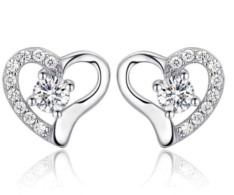 Sterling Silver Love Heart Stud Earrings Cubic Zirconia Crystal