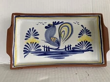 Vintage Hand Painted Redware Portugeese Pottery Tidbit Tray Dish Blue Rooster