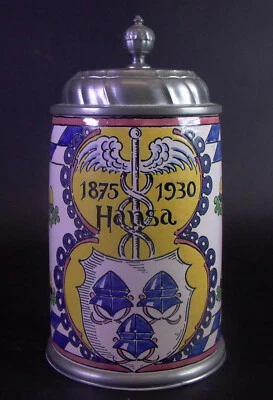 alter Fayence Walzenkrug - HANSA 1875 - 1930  / Hermesstab und Wappen Landshut - Bild 1 von 4