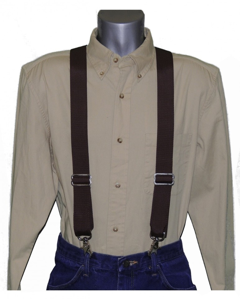 Heavy Duty Brown Nylon XBack Suspenders Scissor Trigger Snaps USA MADE