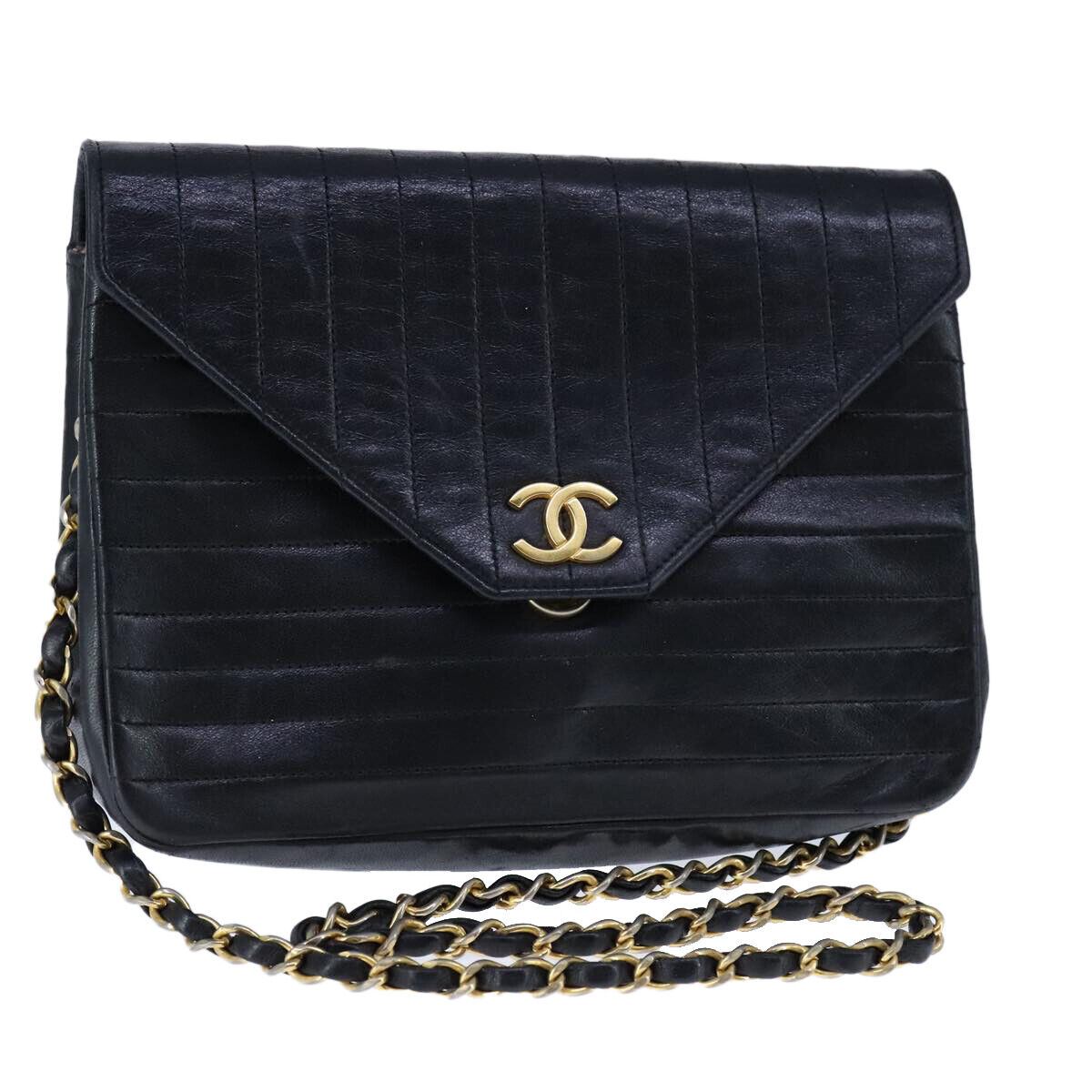 CHANEL Mademoiselle Chain Shoulder Bag Lamb Skin Black Gold CHANEL Mademoiselle Chain Shoulder Bag Lamb Skin Black Gold