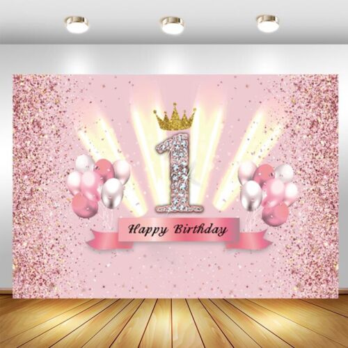 Pink 1st Backdrop Crown Baby Shower Girls Birthday Party Photo Background  Banner | eBay