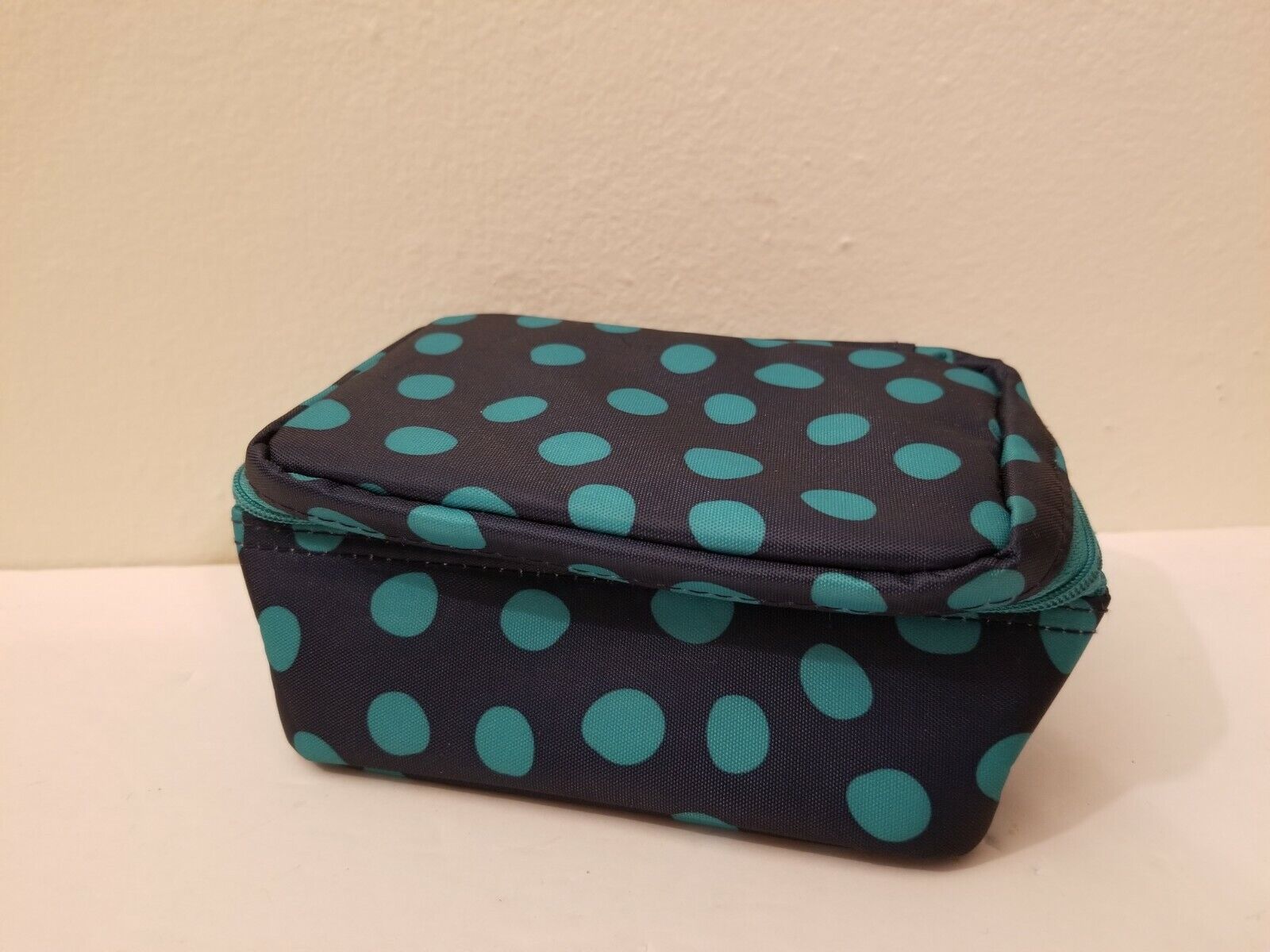 Thirty One Mini Zipper Bag, Black With Blue Polka Dots , VG!