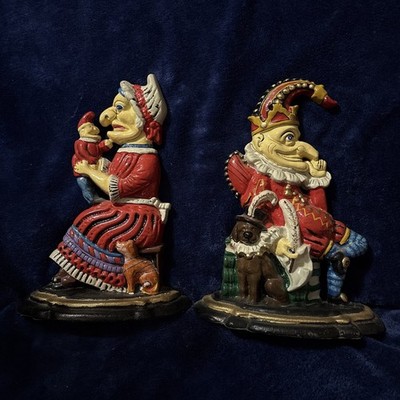 Vintage Punch And Judy Cast Iron Door Stops Book Ends 12  Hand Painted Colorful