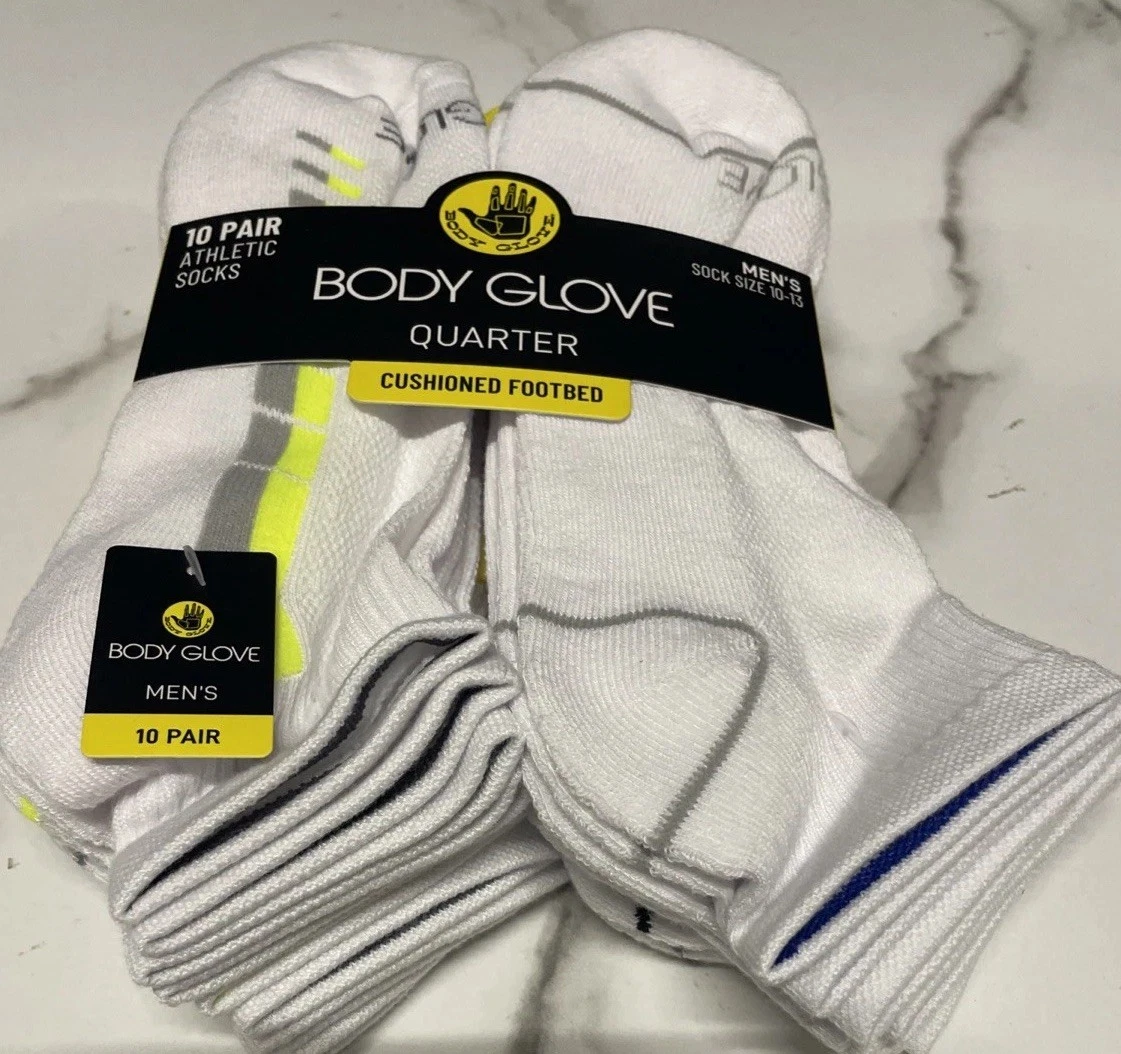 New Mens Body Glove Designer 10 Pack Athletic Cushioned Quarter Cut Socks White