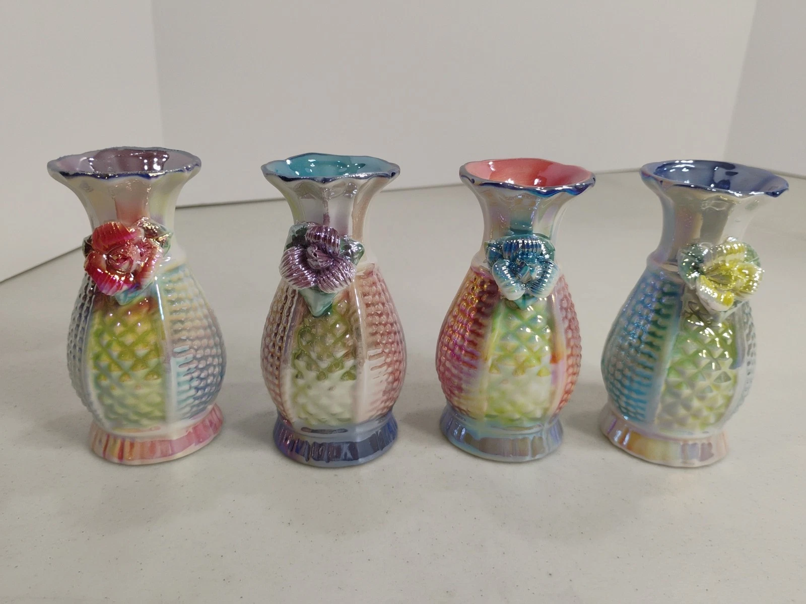 Set Of 4 Small Ceramic Vases 4" Iridescent