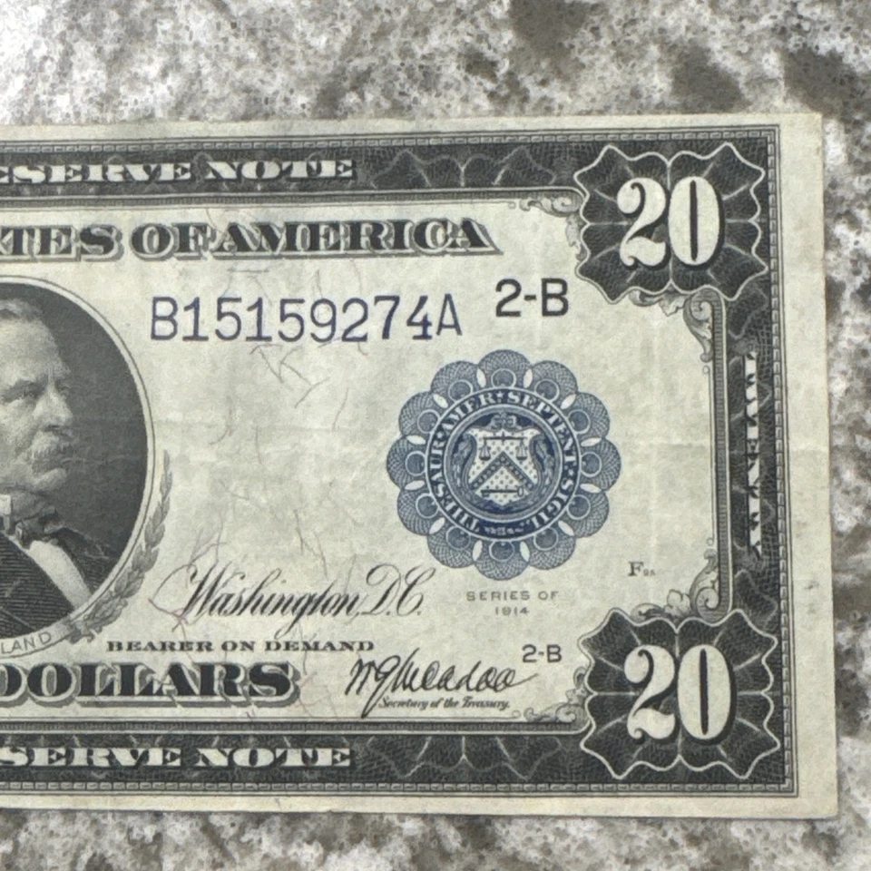 1914 $20 Federal Reserve Note – Blue Seal – Grover Cleveland- Large Bank Note - Image 4 of 4