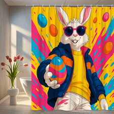 Cute Easter Bunny Shower Curtain with Bright Colors and Eggs