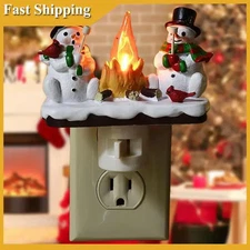 Snowman Campfire Night Light Flickering Flame Effect 3D LED Winter US Plug Decor