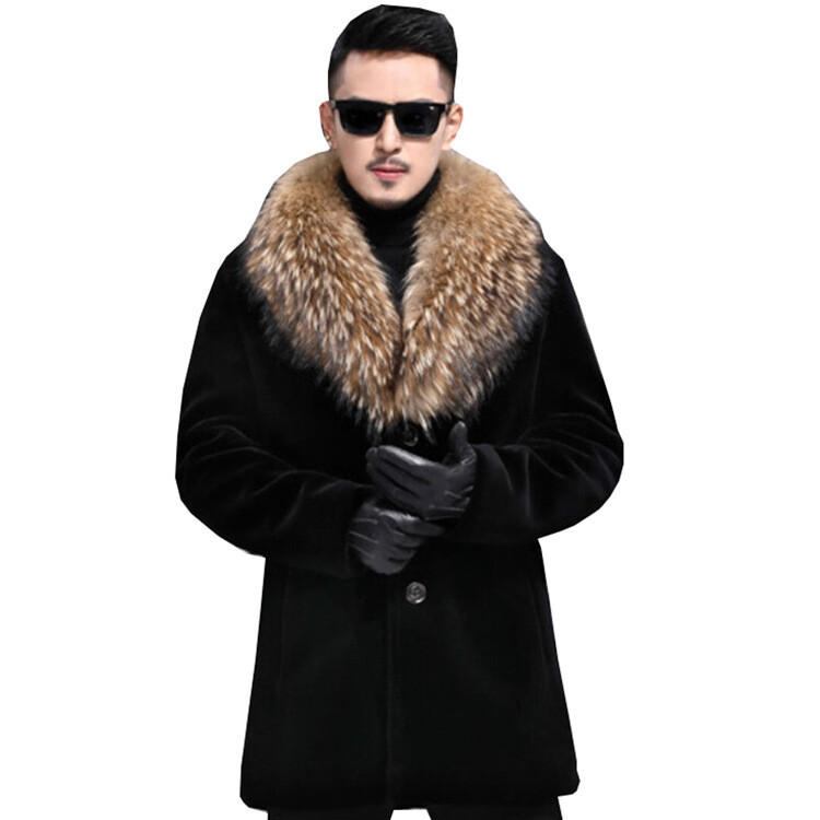 Fur Mink Men Mink Coat Fur Collar Warm Jacket Casual Overcoats Black