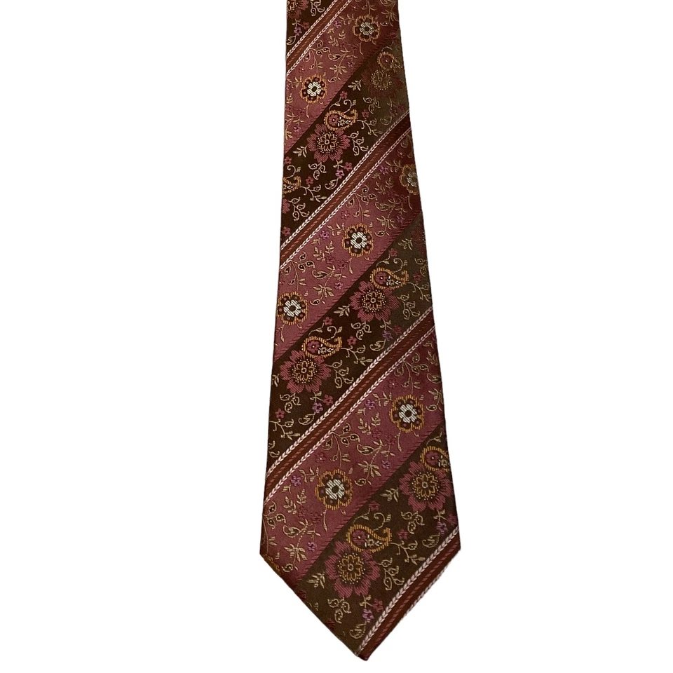 Corbata de diseñador IRVINE PARK para hombre 100 % seda FLORAL RAYAS malva/marrón usada en excelente estado rara Foto 2 de 3