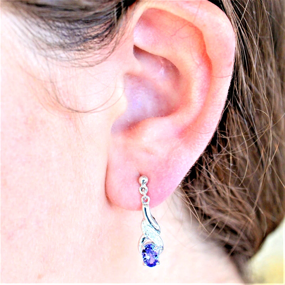 Natural Tanzanite Earrings Genuine Diamonds 9K White Gold Gift Boxed NEW - image 2 of 4