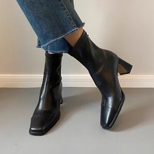 Women's ankle boots 2024 new square toe leather boots thick heel boots large siz