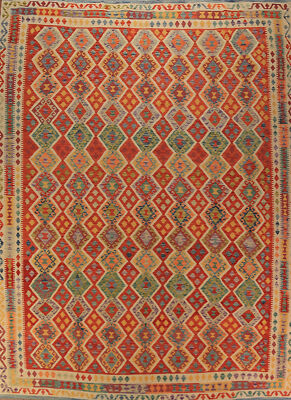 Geometric Reversible Kelim Kilim Rugs Flatweave Tribal Wool Carpet 10x13 ft
