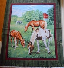 Fabric Quilt Panel 1 Yard Horses Pony Grazing Green Grass Scenic Cotton Precut