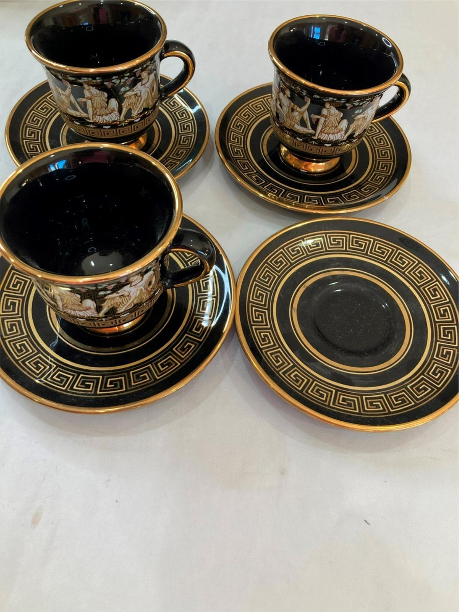 VTG SPECIAL FINTIAS 3 CUPS / 4 SAUCERS GREECE 24K GOLD BLACK VGC