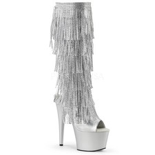 7" Silver Rhinestone Platform Knee High Fringe Stripper Heel Dancer Boots 8 9 10