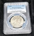 1942 WALKING LIBERTY SILVER HALF DOLLAR UNC DETAIL, WHEEL MARK