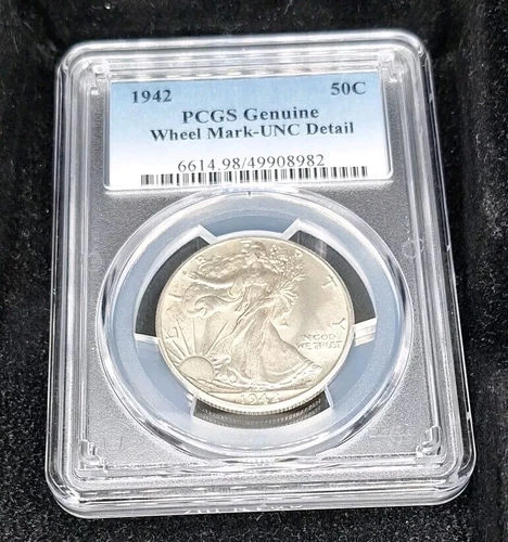 1942 WALKING LIBERTY SILVER HALF DOLLAR UNC DETAIL, WHEEL MARK