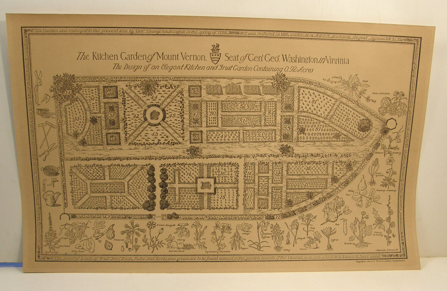 VINTAGE 1937 PICTORIAL MAP PRINT KITCHEN GARDEN of HISTORIC MOUNT VERNON VA