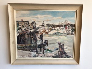 VINTAGE-50-039-s-WPA-STYLE-PAINTING-OUTSIDER-ART-SNOW-DOCK-SCENE-ISOBEL-MARCUS