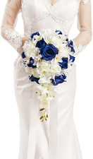 Bridal Bouquet Cascading, Royal Blue  Ivory Wedding Bouquets for Bride Bridesma