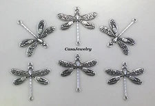 #2001 SM ANTIQUED STERLING SILVER PLATED 2 RING DRAGONFLY CONNECTOR - 6 Pcs