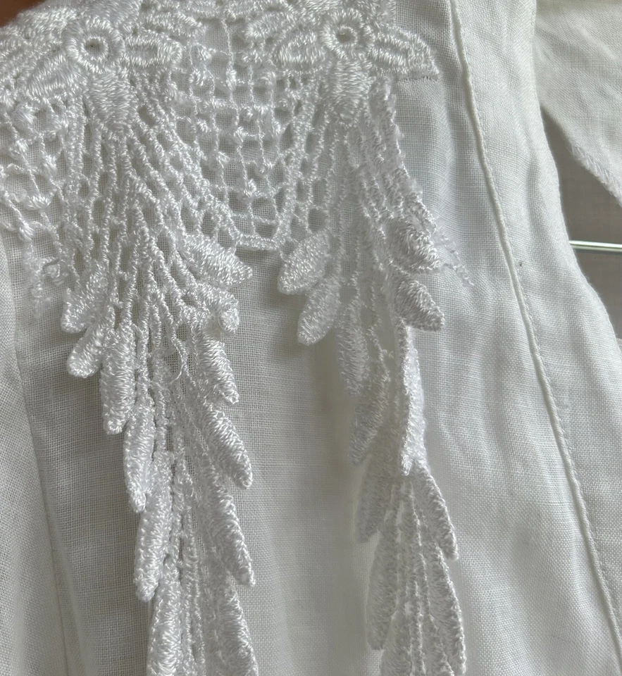 Conjunto de chaqueta falda de dos piezas de lino y encaje Battenburg vintage para mujer blanca talla 12 Foto 3 de 4