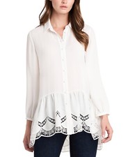 MSRP $119 Vince Camuto Solid Lace-Trimmed Button-Down Tunic Top Size XS (STAIN)